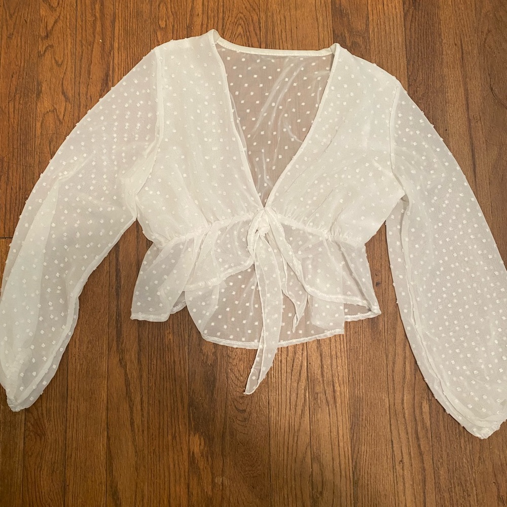 Sheer white cropped balloon sleeve tie blouse